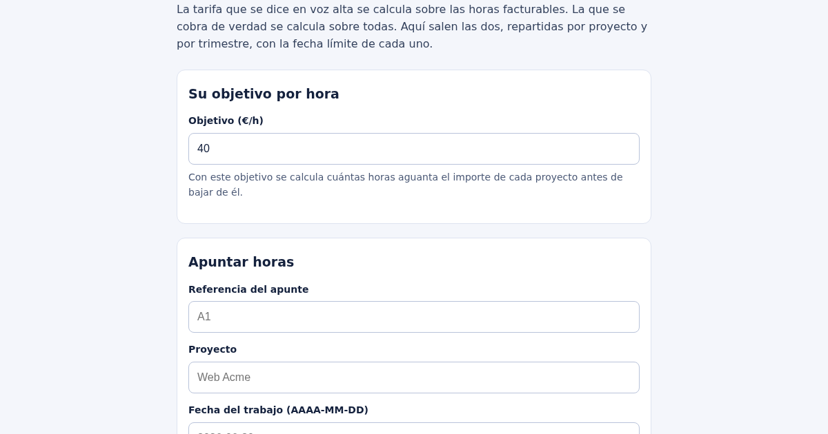 Horas, tarifa efectiva y trimestres